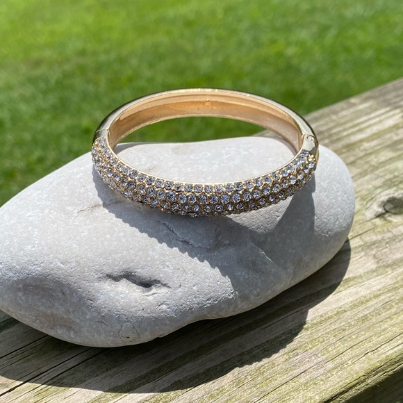 Crystal adorned gold tone hinge bangle bracelet - Picture 10 of 16